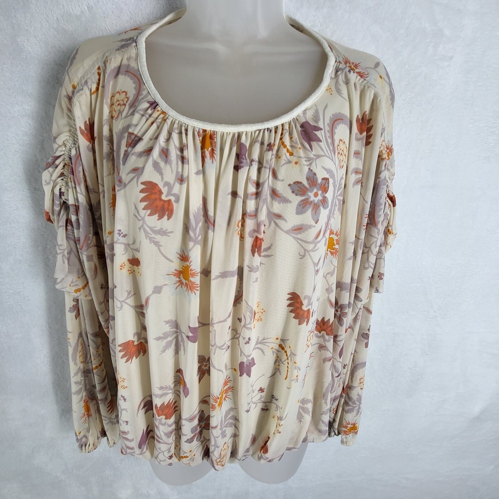 Free‎ People Wildflower Honey Floral Top Size S  Ruffle Sleeve Bubble Hem Blouse